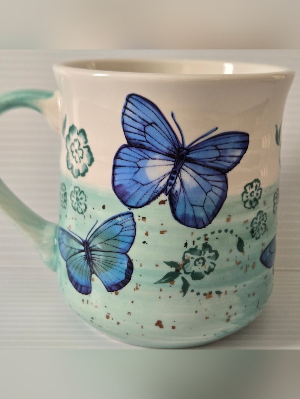 Sheffield Home Blue Butterfly Floral Ceramic Coffee Mug Aqua Handle Cottagecore